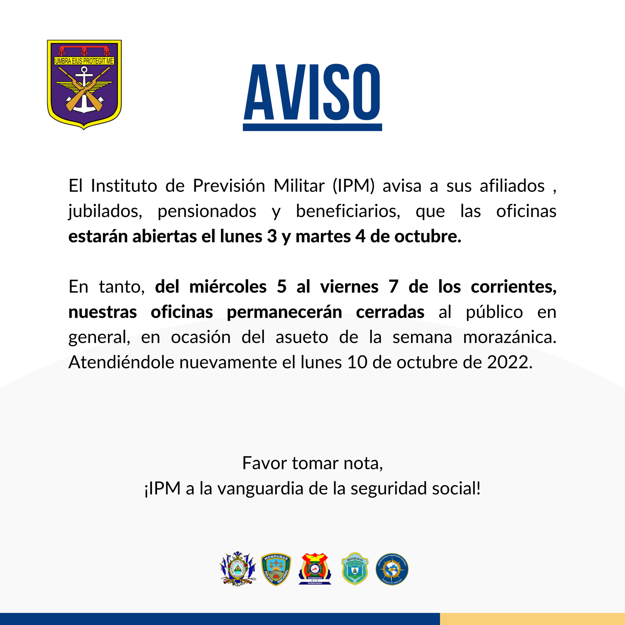 Aviso Asueto Semana Morazánica IPM